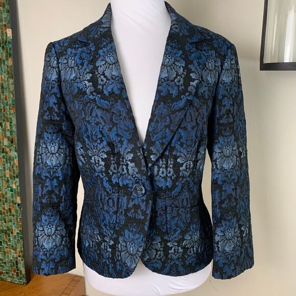 Vintage Nine West Size 8 Blue Jacquard Print Blazer Jacket One Button Holiday - Picture 2 of 10